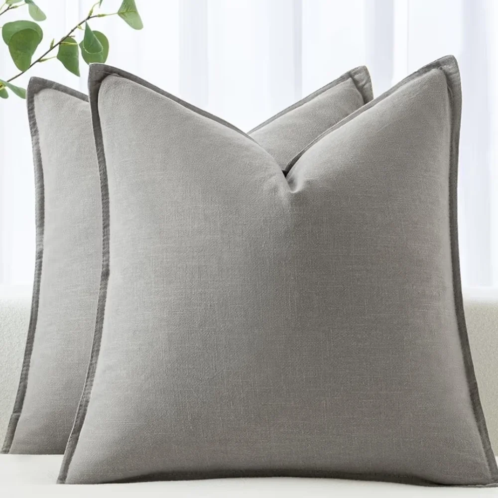 Set of 2 Elegant Light Gray Linen Throw Pillow Covers Size 18 X 18
